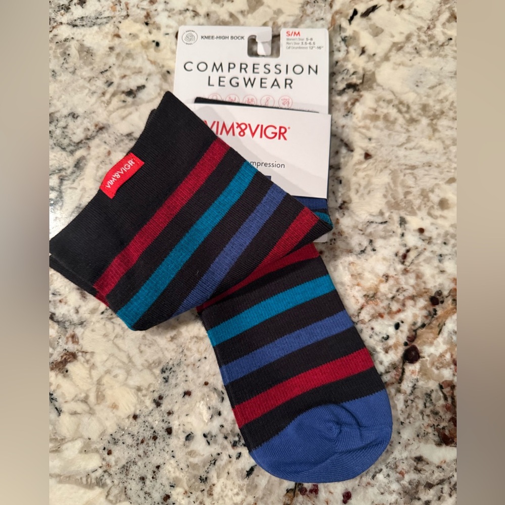 Vim & Vigr Compression Knee-High Socks - Navy with Teal & Burgundy Stripes - Picture 2 of 5